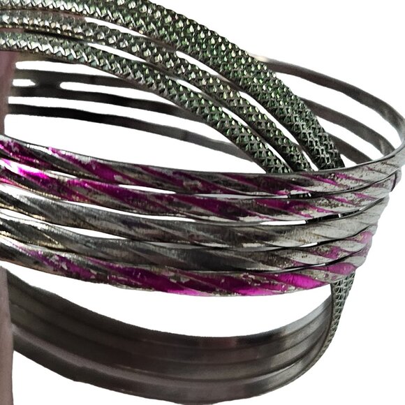 Vintage Silver Pink Bangle Bracelets Set Of 9 - Picture 2 of 4